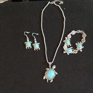 Silver Turtle Jewelry Set with Blue Accents